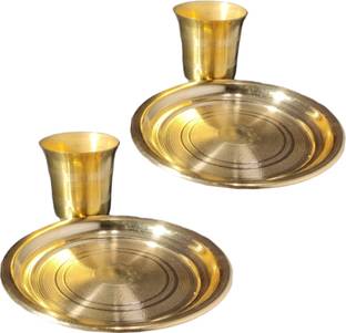 Divine Bazaar Brass Puja Thali/Pure Brass Pooja Plate, Brass 2 Thali Set with 2 Glass Brass