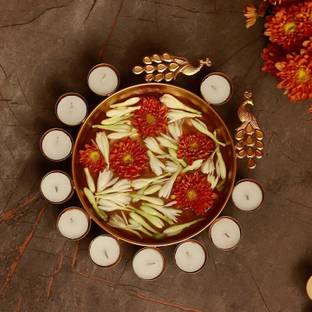 eCraftIndia Golden Metal Traditional Peacock Designer Urli featuring 11 Tea Light Holders Iron