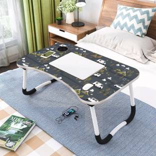 KAIZONE Foldable Laptop Table with Cup Holder | Mac Holder | Study Table Rounded Edges Wood Portable Laptop Table