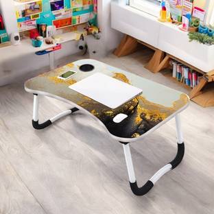 MITHILA Foldable Laptop Table with Cup Holder | Mac Holder | Study Table Rounded Edges Wood Portable Laptop Table