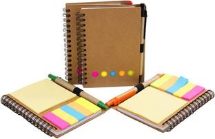 FRKB Ruled Spiral Notebook With Stickynotes Kraft Paper Cover Notepad With Pen 4 Pc 50 Sheets Sticky Notes Diary Style, 1 Colors