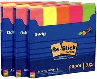 Oddy 5 Color Re-stick Paper Flags/Prompts, Pack of 3 Sticky Notes 50 Sheets Paper Flags/Prompts, 5 Colors