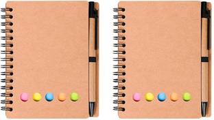 FRKB 2Pc ,18 x 13 cms Spiral Notebook with Pen and Sticky Lined Notes Page Markers 80 Sheets Diary Style, 1 Colors