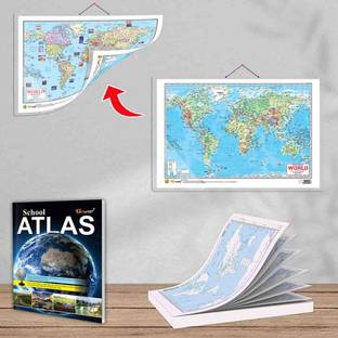 SMALL - 100 WORLD POLITICAL OUTLINE MAP FOR SCHOOL, 2 IN 1 WORLD POLITICAL AND PHYSICAL MAP IN ENGLISH and SCHOOL ATLAS (ENGLISH) - MAPLITHO | Set of 1map pad + 1 map chart + 1 school atlas book | A Comprehensive World Atlas for Students Paper Print