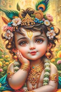 Bal Krishna Posters For Room, Living Room Decoration, Posters For Bedroom, Mandir Room Wall Décor, Multicolor 12 x 18 Inch Paper Print