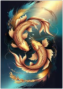 gold fish painting| fish painting| 1 poster in a pack | vastu poster| poster for wall |paper print (18*12 inch| corrugated tube) Paper Print