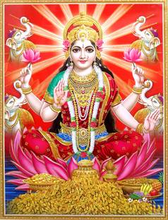 Very Beautiful and Powerful Mata Laxmi Big Size Golden Glitter Print Poster With Blessing Hands for Wealth and Prosperity | For Prayer Room, Drawing Room, Gallery, and Balcony décor| Without frame ( W18X H24 IN) Paper Print