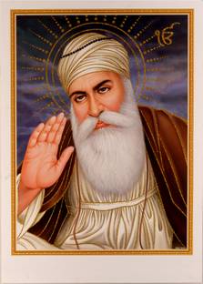 Guru Nanak Golden Glitter UV Poster with Blue Background and Sikh Ek Onkar - Spiritual Wall Art Paper Print