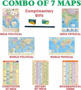 India & World Map (Both Political & Physical) with Constitution of India,Indian History & Geographical Terms Chart With Complimentary Gift| Set Of 7|Useful for UPSC and other competitive exam preparation Paper Print