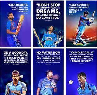 Cricket Star Motivational Wall Posters and Inspirational Quotes for Office, Home and gym, (MS Dhoni. Virat Kohli, Sachin Tendulkar, Hardik Pandya, Jasprit Bumrah, Rohit Sharma), 18X12IN, Each Poster, Pack of 06, Paper Print