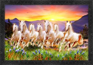 Vastu Seven Running Horses Painting Vinyl Sparkle Coated Home Decorative Gift Item with Synthetic Frame Fine Art Print