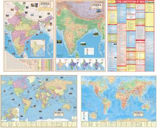 (COMBO OF 5 INDIA & WORLD English MAPS) INDIA & WORLD (Both Political & Physical) CONSTITUTION OF INDIA CHART | English Maps Set of 5 | Map Size (40inch * 28inch & 23*36) | Paper Print | Best Useful for UPSC, SSC, IES and other competitive Exams. Paper Print