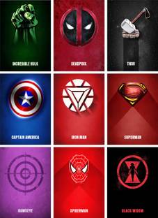 Superhero Wall Poster Marvel Avengers Thor Superman Spider Man Iron Man Incredible Hulk Hawkeye Deadpool Captain America Black Widow Pack of 9 (Size : 9 x 12 Inch) Paper Print