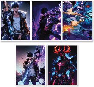 Solo Leveling Anime Wall Posters - 2, 22x32 cm, Set of 5 Premium Prints with Double-Sided Tape, 300 GSM Matte Finish Photographic Paper