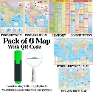 (COMBO OF 6 MAPS/CHARTS WITH COMPLIMENTARY HIGHLIGHTER & MAGNIFYING GLASS) INDIAN Constitution Map & History of India Map With India & World Map (Both Political & Physical)| Set Of 6| Map Size (28 * 40 Inch) (23 * 36 Inch)| Paper Mint| Complimentary Highlighter & Magnifying Glass| Best Useful for UPSC, SSC, IES and other Competitive Exams. (All English Maps) Paper Print. Paper Print