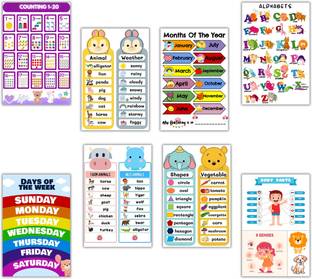 Kids Learning Chart | set of 8 charts suitable for kids 2-6 years , content: counting 1-20 ,animal names ,weather names ,months of the year ,English alphabets ,days of week ,farm animals ,wild animals ,body parts ,5 senses, shapes ,Vegitables names| size 12x18 inches per sheet, printed on 300GSM card sheet Paper Print
