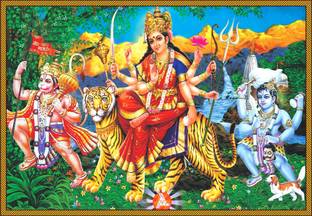 Poster Matarani Sherawali Maa Durga With Hanuman Ji And Bhairav Ji (13x19 Inches, Wall Poster, Matte, Multicolor) Fine Art Print