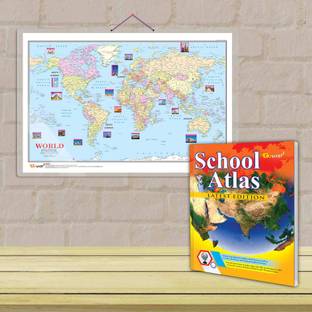 World Political Map and SCHOOL ATLAS (ENGLISH) - Art Paper | Set of 1 Chart + 1 Atlas | Updated World Political Map Chart and School Atlas for Education . Paper Print