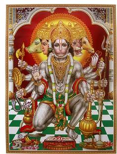 Divine Panchmukhi Hanuman Ji Poster with UV Film and Golden Glitter Coating (Green & White Square)- Spiritual Decor for Home Paper Print