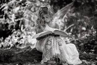 People Little girl in white dress with book black and white photo on fine art paper 13x19 Fine Art Print