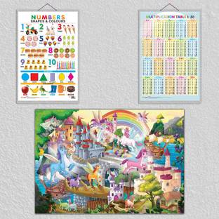GIANT UNICORN COLOURING POSTER, Multiplication Table 1-20 chart and Numbers, Shapes & Colours chart | combo of 1 poster and 2 charts |"Numbers, Shapes & Multiplication Chart" Paper Print