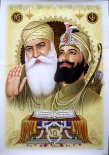 Guru Nanak Dev Ji and Guru Gobind Singh Ji With Guru Granth Sahib ji Premium Poster For Prosperity and Happiness| Golden Glitter Print Big Size | 20 x 28 In (WXH) Large Poster Paper Print