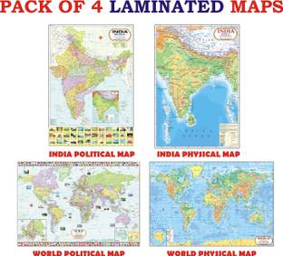 India & World Map ( Both Political & Physical ) | LAMINATED SET OF 4 Photographic Paper