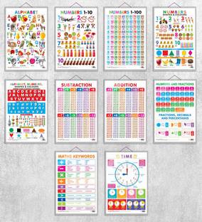 Alphabet, Numbers 1-10, Numbers 1-100, Numbers, Shapes & Colours, Alphabet, Numbers, Shapes & Colours, SUBTRACTION, ADDITION, NUMBERS AND FRACTIONS, MATHS KEYWORDS and TIME| Set of 10 hard laminated charts |Diverse Learning Aids for Language and Math Paper Print