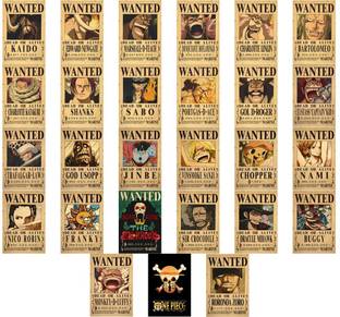 one piece wanted posters for wall - one piece merch - set of 27 post cards size 4x6 inch 300gsm anime stickers - one piece bounty posters with peel and stick tissue tape Paper Print