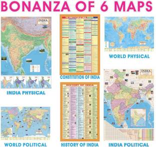 INDIA & WORLD ENGLISH MAPS (Both Political & Physical) Constitution & History of India Chart|Pack of Set Of 6 | Map Size (40*28 Inch) Paper Print Paper Print