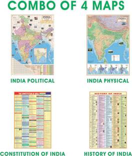 (COMBO OF ENGLISH 4 MAPS\CHARTS) India (Both Political & Physical) with Constitution of India & History of India Chart | Set Of 4| All Map Size (23 * 36) (40 * 28) Paper Print| Best Useful for UPSC, SSC, IES and other competitive Exams. Paper Print (40 inch X 28 inch) Paper Print