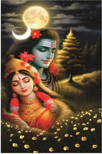 Meri Decor Shiv Parvati God Wall Poster For Pooja Room, Living Room, Office (Size -30Cm X 45Cm) Vinyl
