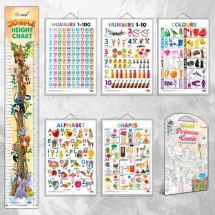Alphabet, Numbers 1-10, Numbers 1-100, Colours, Shapes, GIANT PRINCESS CASTLE COLOURING POSTER and JUNGLE HEIGHT CHART | Combo of 5 Charts and 1 Colouring Poster and 1 height chart | Early Learning Essentials with Princess Castle and Jungle Paper Print