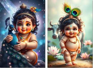 ''Bal Krishna'' Poster Set of 2 For Pregnant Women | Religious God Krishna posters for room, Living Room, Posters For Bedroom, Mandir Room Walls A3 | (Multicolor) HD Print Paper Print