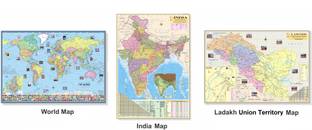 (Pack of 3) World Map, India Map and Ladakh Union Territory Map. All Three Map Size : 100x70 Centimeter (40"x28" inch). With Important Fact and Figure. Ideal Map For Aspirant of UPSC , PCS , SSC , RAILWAY Exam and Other Competitive Exam. Updated Map. Paper Print