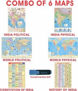 (COMBO OF 6 MAPS/CHARTS WITH COMPLIMENTARY GIFT) INDIAN Constitution Map & History of India Map With India & World Map (Both Political & Physical)| Set Of 6| Map Size (40 * 28) (23 * 36)|Paper Mint| Complimentary text liner| Best Useful for UPSC, SSC, IES and other Competitive Exams. (All English Maps) Paper Print Paper Print Paper Print
