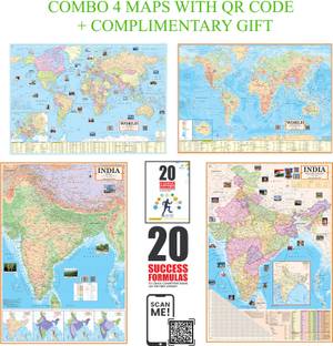 India and World Political, Physical Maps with QR Code and Complimentary Gift of 20 Success Formula Booklet | Non Laminated 48 x 28 Inch Canvas Art