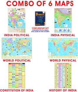 (COMBO OF 6 MAPS/CHARTS) INDIAN Constitution Map & History of India Map With India & World Map (Both Political & Physical)| Set Of 6| Map Size (40 * 28) (23 * 36)|Paper Mint| Best Useful for UPSC, SSC, IES and other Competitive Exams. (All English Maps) Paper Print