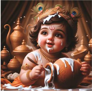 Rc Decor Baby Krishna With Butter God Wall Poster For Pooja Room, Living Room (Size - 40Cm X 40Cm) Vinyl