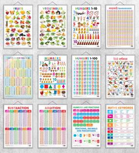 Fruits, Vegetables, Numbers 1-10, Numbers 1-100, Hindi Varnamala, Baarahkhadee, Multiplication Table 1-20, Numbers, Shapes & Colours, SUBTRACTION, ADDITION, NUMBERS AND FRACTIONS and MATHS KEYWORDS| combos of 12 hard laminated charts|Unlocking the Secrets of Numbers: The 12-Chart Experience Paper Print