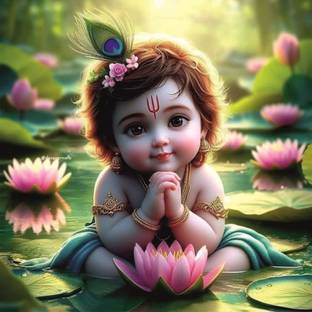 Baby Bal Krishna Pink Flower Devotional God Wall Poster For Pooja Room,Office,Bedroom,Living Room (Size -45 Cm X 45 cm) 3D Poster