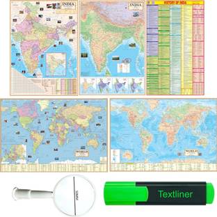 (COMBO OF 5 MAPS/CHARTS WITH COMPLIMENTARY HIGHLIGHTER & MAGNIFYING GLASS) INDIAN History of India Chart With India & World Map (Both Political & Physical)| Set Of 5| Map Size (28 * 40 Inch) (23 * 36 Inch)| Paper Mint| Complimentary Highlighter & Magnifying Glass| Best Useful for UPSC, SSC, IES and other Competitive Exams. (All English Maps) Paper Print. Paper Print