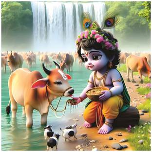Shree Krishna 45 CM Playing With Cow God Wall Poster FOr Living Room, Bed Room Kids Room (45X45) Vinyl