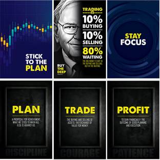 Stock Market Motivational and ispirational Quotes Wall Poster Stickers, Trading Charts, Picks, Trading and Profit Poster Pack of 06, Self-Adhesive Paper Print