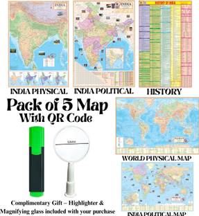 (COMBO OF 5 MAPS/CHARTS WITH COMPLIMENTARY HIGHLIGHTER & MAGNIFYING GLASS) INDIAN History of India Chart With India & World Map (Both Political & Physical)| Set Of 5| Map Size (28 * 40 Inch) (23 * 36 Inch)| Paper Mint| Complimentary Highlighter & Magnifying Glass| Best Useful for UPSC, SSC, IES and other Competitive Exams. (All English Maps) Paper Print. Paper Print