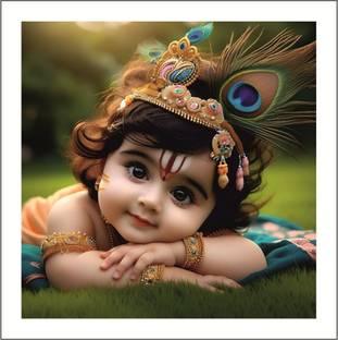 Baby Smiley Krishna For Pooja Room,Office,Bedroom,Living Room (Size -45 Cm X 45 cm) 3D Poster