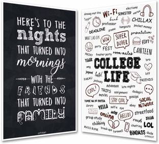 Combo Set of 2 Hostel College Life Quotes Poster | Motivational Funny Quotes for Students Home (12x18 inches, Multicolor, 2 Prints Set, Unframed) Fine Art Print