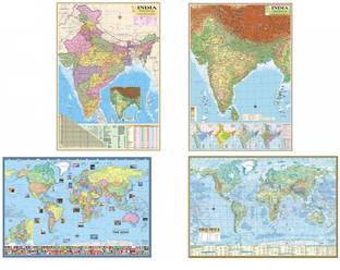 INDIA AND WORLD POLITICAL, PHYSICAL MAP (Pack of 4) All Maps/Chart size : 100x70 cm (40"x28" inch). For UPSC, SSC, PCS, Railway and Other Competitive Exams Updated 1 January 2020. Paper Print
