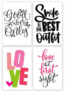 Love,Good Vibes Quotes,Black & White Trendy Typography ( Pack of 4 ) Wall Poster Collection For Office Decor .(12 x 18 inch) Paper Print