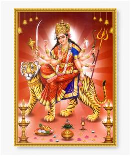 A4 Size Goddess Sri Durga Devi,Ambe mata photo; Sherawali mata on Tiger Photo Frame Fine Art Print
